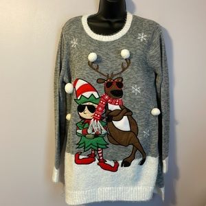 Holiday Time Light Up Gray Ugly Christmas Sweater Elf Reindeer size 1X (16W)